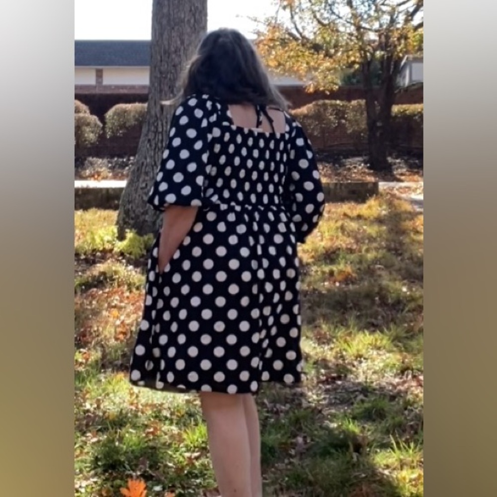 Polka-Dot AVA & VIV Puff Sleeve Luxury Black & White Dress - Picture 5 of 16